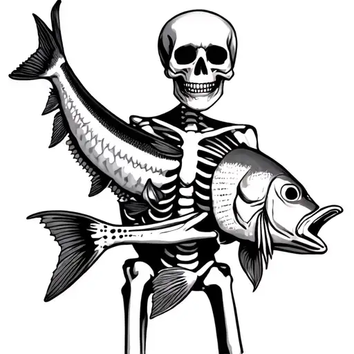 skeleton man holding dead fish tattoo design idea