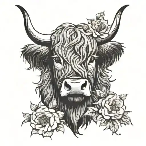 highland cow head with flowers intertwined tattoo design idea