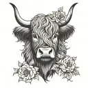 highland cow head with flowers intertwined tattoo design idea