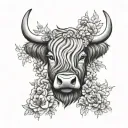 highland cow head with flowers intertwined tattoo design idea