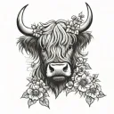 highland cow head with flowers intertwined tattoo design idea