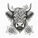 highland cow head with flowers intertwined tattoo design idea