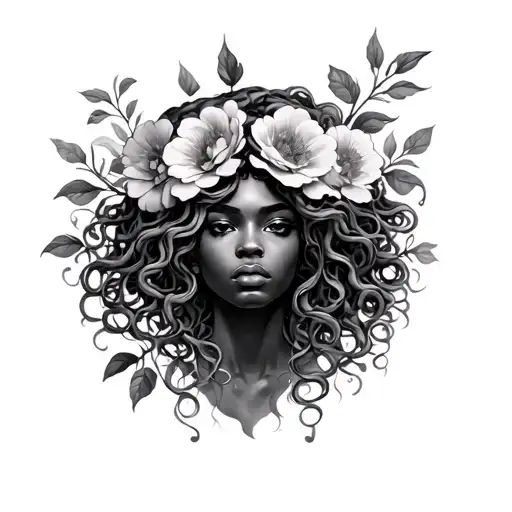 African American Medusa with flowers tattoo design idea