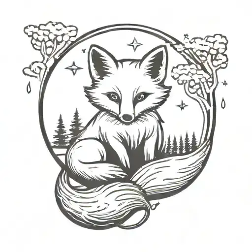 Fox cub sitting on a crescent moon with a forest in the background in Viking style tattoo design idea