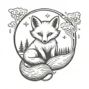Fox cub sitting on a crescent moon with a forest in the background in Viking style tattoo design idea