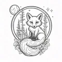 Fox cub sitting on a crescent moon with a forest in the background in Viking style tattoo design idea