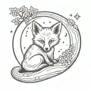 Fox cub sitting on a crescent moon with a forest in the background in Viking style tattoo design idea