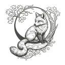 Fox cub sitting on a crescent moon with a forest in the background in Viking style tattoo design idea