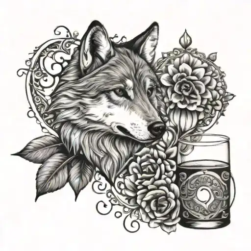 hearts and wolf and henna drink tattoo design idea
