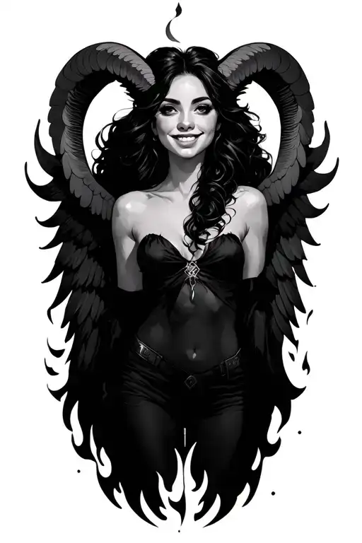 aries zodiac sign sexy smiling female wings fire surrounded tattoo design idea