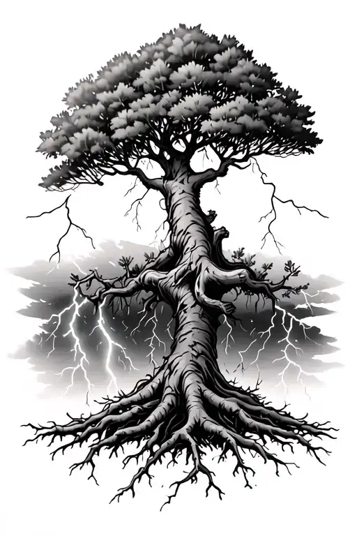 Acacia Tree with a few roots and leaves coming out of it getting hit by lightning  tattoo design idea