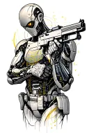 A sketch of a cyborg holding a gun, with AI code running through its body tattoo design idea