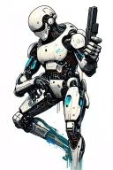 A sketch of a cyborg holding a gun, with AI code running through its body tattoo design idea