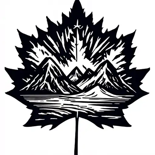 cool Canadian maple leaf and mountain scene on calf tattoo design idea