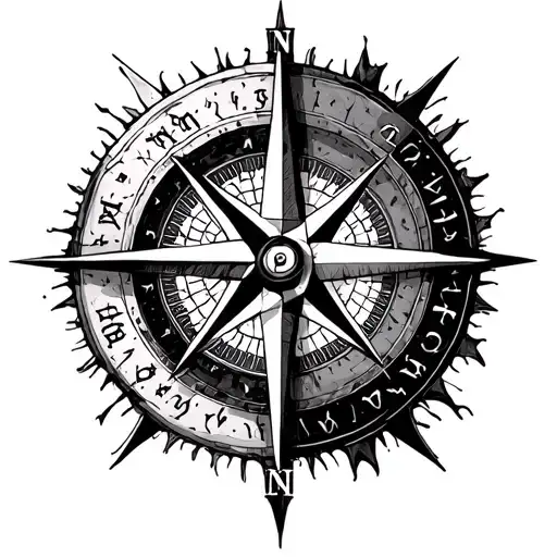In black and white. Old compass rose on the left (half of the drawing) and on the right (other half of the drawing) a representation tattoo design idea