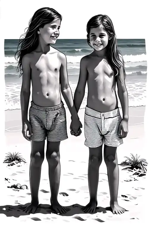 beach theme, mum and twin 3 year old boys holding hands tattoo design idea