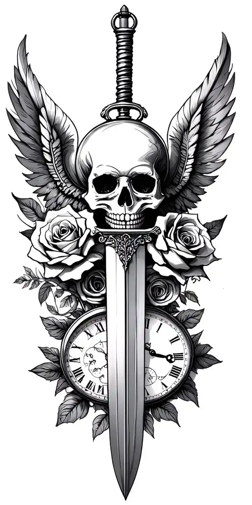 "Liz Maxwell Gabriel Amber" skull, roses, angel, sword, feather, pocket watch, all seeing eye, hour glass tattoo design idea