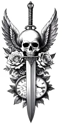"Liz Maxwell Gabriel Amber" skull, roses, angel, sword, feather, pocket watch, all seeing eye, hour glass tattoo design idea