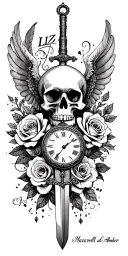 "Liz Maxwell Gabriel Amber" skull, roses, angel, sword, feather, pocket watch, all seeing eye, hour glass tattoo design idea