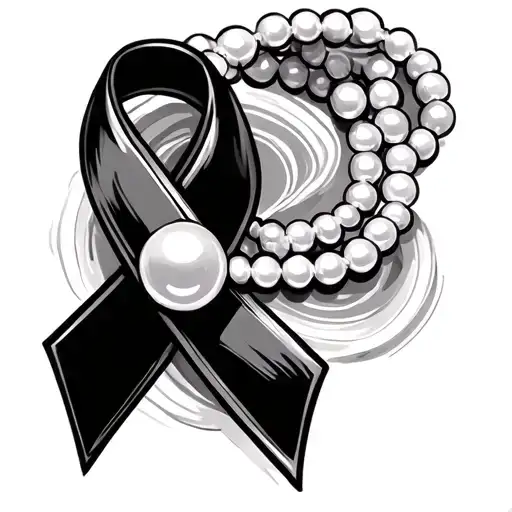 breast cancer awareness ribbon with pearl necklace tattoo design idea