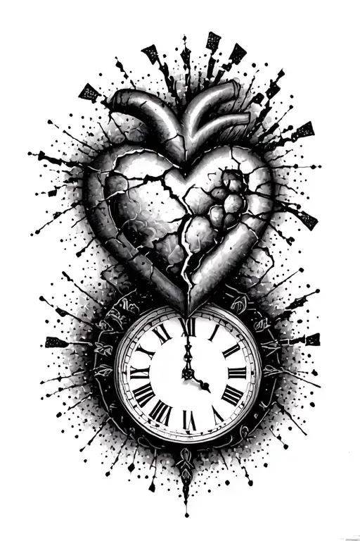 clock above broken heart tattoo design idea