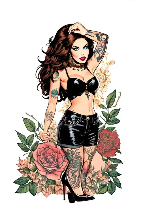 modern pin up girl, black top and black shorts. wearing high heels. dark brown hair and blue eyes tattoo design idea