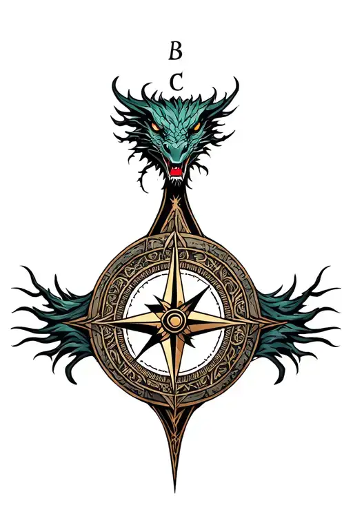 central Vegvisir (Viking compass) with tiny Yggdrasil at center, left side: Japanese traditional dragon tattoo design idea