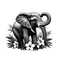 trunk up elephant surrounded by tropical flowers wrapped tattoo design idea