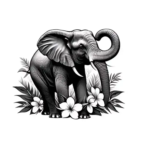 trunk up elephant surrounded by tropical flowers wrapped tattoo design idea