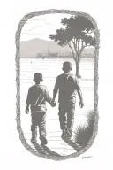 siloutte of an older brother and younger brother walking away hand in hand tattoo design idea