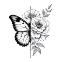 half butterfly and half carnation flower and anemones flower fine line  tattoo design idea