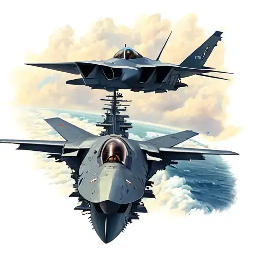 USS Carl Vinson aircraft carrier with F-14 plane flying in the sky tattoo design idea