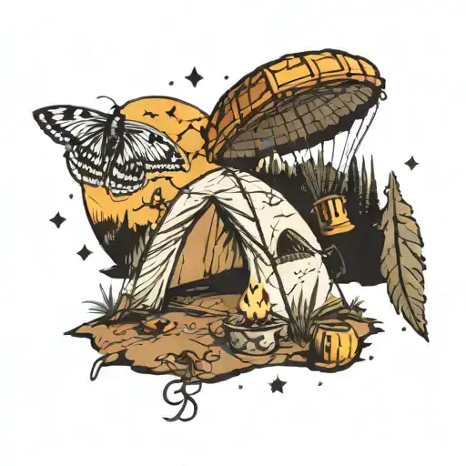 parachute, archeological site, camping and campfire with cosmos tattoo design idea