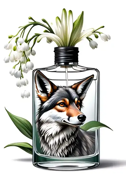 lily of the valley inside a perfume bottle spraying out a coyote  tattoo design idea
