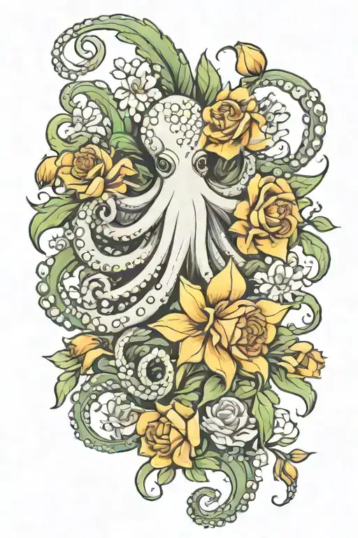 octopus, snowdrop, rose,  marigold flower tattoo design idea