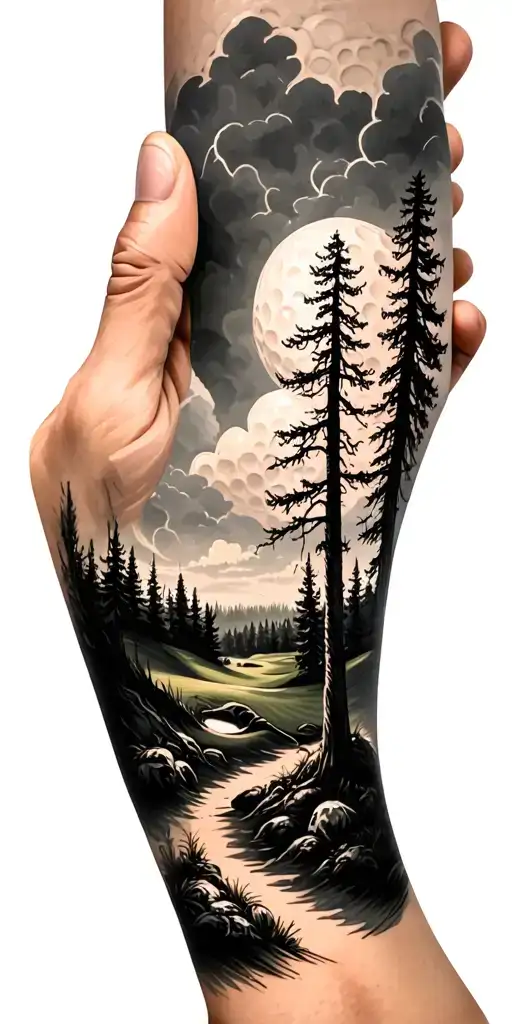 forest scene with stormy sky golf course golf ball tattoo design idea