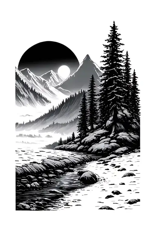 Mountains, sun, forest, stream, walk tattoo design idea