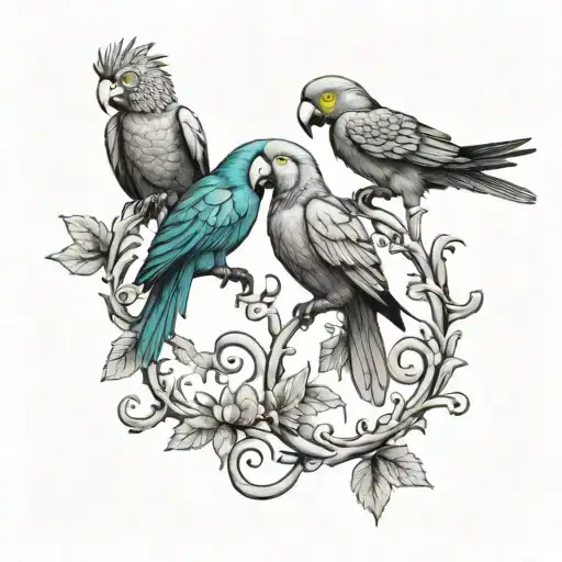 A series of currency symbols forming a vine with parrot silhouettes perched on each symbol tattoo design idea