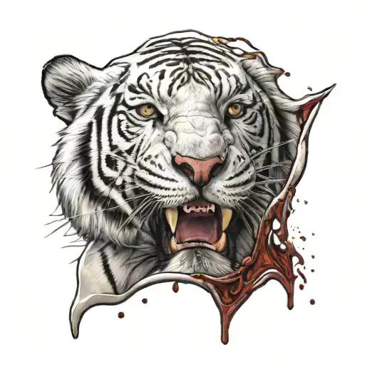 white tiger with grren eyes clawing it's way out the skin with blood dripping tattoo design idea