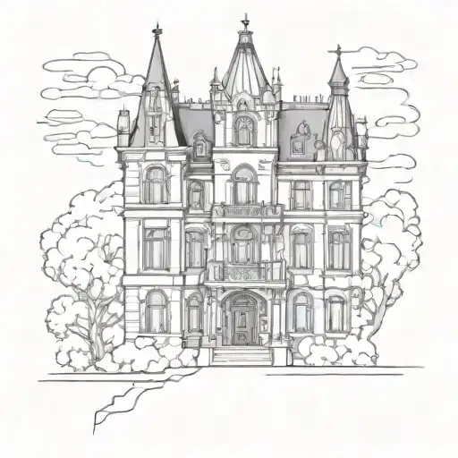 gothic victorian house/castle/cathedral in a blackwork/cyber siglism/ sketch work tattoo style with baroque themes tattoo design idea