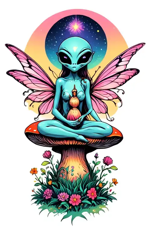 enlightened alien sitting with a fairy on a mushroom tattoo design idea