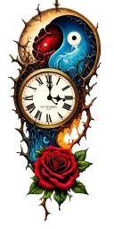 2 melting clocks merging to make on clock,  ying-yang symbol, roses and thorns tattoo design idea