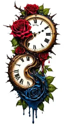 2 melting clocks merging to make on clock,  ying-yang symbol, roses and thorns tattoo design idea