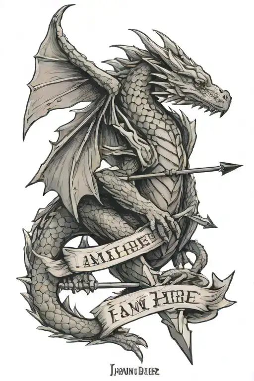  tiny Dragon Arrow With Words I am Here tattoo design idea