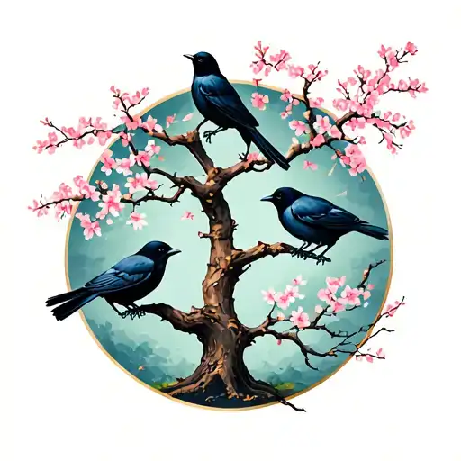 Sakura tree with crows  tattoo design idea