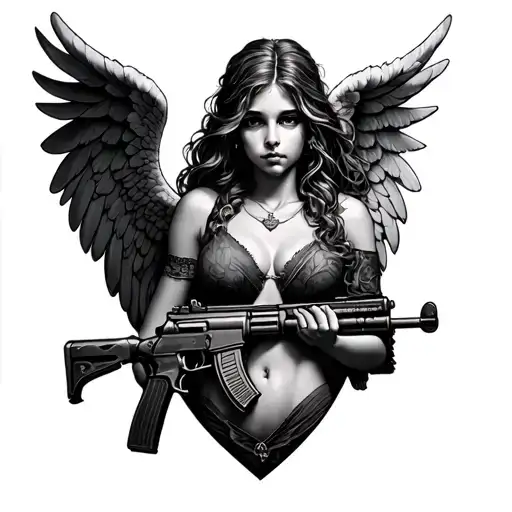 Angel with Ak 47 bullet shape heart tattoo design idea