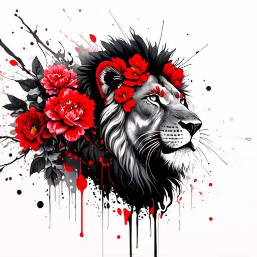 lion sakura flowers tattoo design idea