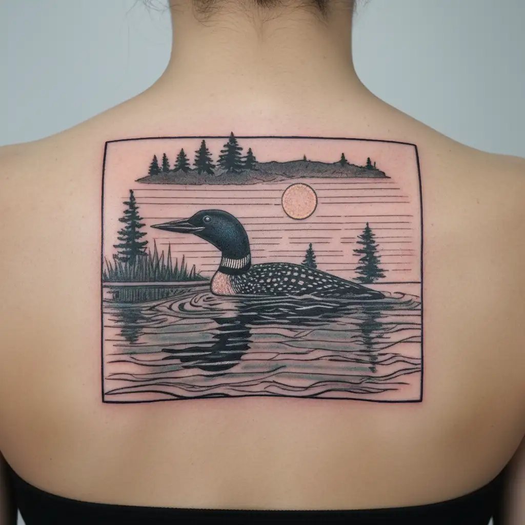 common loon taking off from a lake in front of a pine tree with the sun setting behind it tattoo design idea