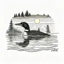 common loon taking off from a lake in front of a pine tree with the sun setting behind it tattoo design idea