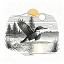 common loon taking off from a lake in front of a pine tree with the sun setting behind it tattoo design idea